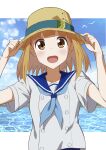  1girl :o absurdres adjusting_clothes adjusting_headwear blue_neckerchief blue_sky blush brown_eyes day hat highres houkago_teibou_nisshi light_brown_hair looking_at_viewer mame_(pixiv82333841) medium_hair neckerchief open_mouth outdoors school_uniform shirt short_hair short_sleeves sky solo tsurugi_hina upper_body water white_shirt 