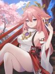  1girl absurdres animal_ears blue_sky cherry_blossoms crossed_legs earrings fox_ears fox_girl genshin_impact hair_between_eyes highres jewelry long_hair looking_at_viewer outdoors pink_hair purple_eyes sidelocks sitting sitting_on_stairs sky smile solo stairs tree uuu_ewokaku yae_miko 