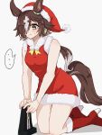  ... 1girl animal_ears bare_shoulders boots brown_eyes brown_hair christmas closed_mouth dress full_body hair_over_one_eye hat hide_oo high_heel_boots high_heels highres horse_ears horse_girl horse_tail metronome ponytail red_dress red_footwear santa_hat seiza simple_background sitting sketch sleeveless sleeveless_dress solo tail umamusume vodka_(umamusume) white_background 