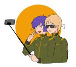  ... :d blonde_hair bright_pupils cellphone char_aznable commentary cropped_torso garma_zabi gundam holding holding_stick long_sleeves looking_at_phone male_focus mobile_suit_gundam_the_origin noodleko open_mouth orange_background phone purple_eyes purple_hair selfie selfie_stick short_hair simple_background smartphone smile sparkle spoken_ellipsis stick sunglasses taking_picture teeth two-tone_background upper_body upper_teeth_only v white_background white_pupils 