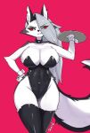  anthro breasts canid canid_demon canine clothed clothing collar demon female fur hair hellhound helluva_boss hi_res looking_at_viewer loona_(helluva_boss) mammal piercing red_sclera solo white_body white_fur wozzu1 