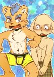  anthro blue_eyes blue_hair blush chest_tuft clothed clothing colored duo ear_tuft ears_down felid gabobon05 hair inner_ear_fluff lagomorph leporid lion male male/male mammal open_mouth pantherine pivoted_ears rabbit smile teeth topless topless_male tuft underwear yellow_clothing yellow_underwear young 