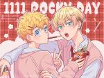  2boys blonde_hair blue_eyes earrings eating food green_eyes hair_ornament hairclip hanagaki_takemichi jewelry long_sleeves male_focus mouth_hold multiple_boys necktie nightcat open_mouth pink_shirt pink_vest pocky pocky_day red_necktie sano_manjirou shirt tokyo_revengers v vest x_hair_ornament 