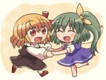  2girls barefoot black_skirt black_vest blonde_hair blue_skirt blue_vest chibi closed_eyes collared_shirt daiyousei facing_another fairy_wings green_hair hair_between_eyes happy holding_hands leg_up long_hair long_sleeves looking_at_another mary_janes medium_hair multiple_girls one_side_up open_mouth puffy_long_sleeves puffy_short_sleeves puffy_sleeves red_eyes red_footwear rokugou_daisuke rumia shirt shoes short_sleeves simple_background skirt skirt_set socks standing standing_on_one_leg touhou vest white_shirt white_socks wings yellow_background 