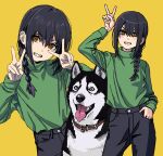  1girl arm_up black_hair blue_eyes braid brown_eyes chainsaw_man dog double_v english_commentary green_shirt grin hair_between_eyes hair_over_one_eye hands_up head_tilt highres husky long_hair long_sleeves looking_to_the_side nayuta_(chainsaw_man) ringed_eyes shiren_(ourboy83) shirt sidelocks simple_background single_braid smile tongue tongue_out turtleneck upper_body v yellow_background yellow_eyes 