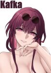  1girl absurdres breasts character_name cleavage commentary_request earrings eyewear_on_head grin head_tilt highres honkai:_star_rail honkai_(series) jewelry kafka_(honkai:_star_rail) long_hair looking_at_viewer nude purple_eyes purple_hair simple_background smile solo sunglasses upper_body white_background zui_ai_shuang_mawei 