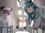  2girls absurdres bed blue_eyes blue_hair breasts demon_girl demon_wings english_text hat highres hospital hospital_bed lilith_aensland long_hair looking_at_viewer meke_(77842928) morrigan_aensland multiple_girls nurse nurse_cap purple_hair red_eyes short_hair strap vampire_(game) wings 