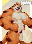  2023 4_fingers abs absurd_res anthro balls biceps black_eyes blue_nose covering covering_crotch covering_penis dialogue english_text felid fingers flexor_carpi frosted_flakes fur genitals hi_res kellogg&#039;s male mammal mascot mukum_1am muscular muscular_anthro muscular_male muscular_thighs navel nipples open_mouth orange_body orange_fur pantherine pec_grab pecs penis pubes quads sharp_teeth solo speech_bubble stripes teeth text tiger tony_the_tiger towel triceps white_body white_fur yellow_sclera 