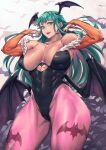  1girl abs animal_print ass_visible_through_thighs bat_(animal) bat_print bat_wings biceps breasts breasts_apart cleavage elbow_sleeve green_eyes green_hair head_wings highres large_breasts leotard long_hair looking_at_viewer mikel_(4hands) morrigan_aensland muscular muscular_female smile solo thick_thighs thighs vampire_(game) wings 
