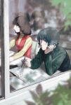  1boy 1girl black_hair blue_eyes blurry blurry_foreground book bored closed_mouth commentary_request desk dress elbow_rest fa_yuiry green_hair green_sweater gundam hand_on_own_cheek hand_on_own_face head_rest highres holding holding_pen kamille_bidan light_frown long_sleeves medium_hair open_book pen red_dress school_desk short_hair solo_focus sweater ususio_11 window yellow_sweater zeta_gundam 