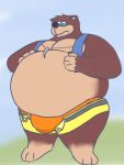  3:4 anthro backpack banjo-kazooie banjo_(banjo-kazooie) bear belly belt big_belly big_bulge bigboywuff bottomwear bulge clothed clothing hi_res male mammal nipples open_bottomwear open_clothing open_pants orange_clothing orange_underwear overweight overweight_male pants rareware solo tight_underwear underwear 