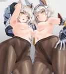  2girls animal_ear_fluff animal_ears arm_up armpits bare_shoulders blush breasts brown_pantyhose cat_ears closed_mouth detached_sleeves gloves grey_background grey_hair hand_on_own_hip highres holding_hands jacket jtveemo long_sleeves looking_at_viewer medium_breasts medium_hair mio_(xenoblade) multiple_girls navel nia_(xenoblade) nipples open_mouth pantyhose short_hair simple_background smile thighs topless vambraces variant_set xenoblade_chronicles_(series) xenoblade_chronicles_3 yellow_eyes 