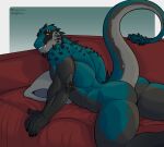  ajdrawsnice ambroix_(character) anthro appuruu butt furniture hi_res lizard lying male multicolored_body muscular muscular_male piercing pillow reptile scales scalie simple_background smile smirk sofa solo spikes tail yellow_sclera 