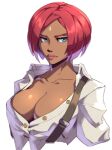  1girl blizzardingpike blue_eyes breasts cleavage dark-skinned_female dark_skin giovanna_(guilty_gear) guilty_gear guilty_gear_strive large_breasts lips looking_at_viewer medium_hair partially_unbuttoned plunging_neckline red_hair shirt short_hair suspenders_hanging upper_body white_shirt 