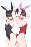  2girls absurdres animal_ears ariduka_anto ariduka_formica armpits arms_up ass ass-to-ass bare_shoulders black_hair black_leotard blush breasts covered_navel cowboy_shot detached_collar fake_animal_ears hair_between_eyes hair_ornament highleg highleg_leotard highres houkago_shounen large_breasts leotard long_hair looking_at_viewer mole multicolored_hair multiple_girls pink_hair playboy_bunny purple_eyes rabbit_ears rabbit_pose rabbit_tail red_hair red_leotard revision short_hair small_breasts smile standing strapless strapless_leotard streaked_hair tail teeth thighs twintails two-tone_hair virtual_ant_channel virtual_youtuber white_background 