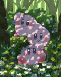  :i blue_eyes blush bush closed_mouth dappled_sunlight flower forest grass highres kirby kirby_(series) miclot nature no_humans open_mouth pink_flower pink_footwear shoes sitting smile sunlight tree white_flower 