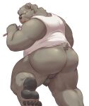  2023 absurd_res anthro balls bawp bear ben_(zenless_zone_zero) big_butt black_nose brown_body butt clothing feet flaccid genitals hi_res humanoid_hands kemono male mammal mihoyo overweight overweight_male penis scar shirt simple_background small_penis solo topwear white_background zenless_zone_zero 