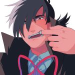  1boy black_coat black_hair black_jack_(character) black_jack_(series) bright_pupils coat collared_shirt fangs finger_in_own_mouth hair_over_one_eye husagin looking_at_viewer male_focus mouth_pull multicolored_hair neck_ribbon open_mouth patchwork_skin portrait red_eyes red_ribbon ribbon scar scar_on_face shirt short_hair simple_background solo split-color_hair two-tone_hair white_background white_hair white_pupils white_shirt 