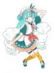  1girl agonasubi aqua_eyes aqua_footwear aqua_hair aqua_skirt aqua_sleeves bow buttons commentary double_bun food-themed_hair_ornament frilled_shirt frills full_body green_ribbon hair_bun hair_ornament hairclip hand_up hatsune_miku highres ikura_(food) layered_skirt leaning_forward leg_up light_blush long_hair looking_at_viewer necktie orange_thighhighs outstretched_arm pink_bow pink_necktie pink_ribbon puffy_short_sleeves puffy_sleeves ribbon scallop shirt short_necktie short_sleeves skirt smile snowflake_print solo striped_necktie thighhighs twintails very_long_hair vocaloid wavy_hair white_background white_hair white_headwear white_ribbon yuki_miku 