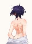  1boy androgynous bruise butt_crack facing_away genshin_impact highres injury male_focus nekojinnyart purple_hair scar scar_on_back scaramouche_(genshin_impact) shirt short_hair solo topless_male white_background white_shirt 