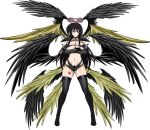  1girl angel_wings black_hair black_wings breasts cleavage covered_nipples feathered_wings full_body gloves golden_wings halo high_school_dxd highres large_breasts large_wings leg_wings long_hair looking_at_viewer low_wings multiple_wings navel panties raynare seraph shoulder_pads smile solo spread_wings underwear wings wrist_wings yxyyxy 