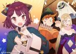  1boy 1other 2girls alternate_costume ass_visible_through_thighs atelier_(series) atelier_sophie bangs bat_(animal) bat_wings blood blood_on_face blush breasts brown_eyes cape claw_pose cleavage clothing_cutout coat_rack cross-laced_clothes cross-laced_top fake_blood fur_trim ghost_costume gradient_background halloween halloween_costume jack-o&#039;-lantern medium_breasts monika_ellmenreich monocle motion_lines multiple_girls navel navel_cutout noco_(adamas) oskar_behlmer plachta pumpkin pumpkin_costume recoil scared sophie_neuenmuller star_(symbol) stomach_cutout surprised wings wooden_door 