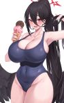  1girl armpits bare_shoulders black_hair black_wings blue_archive blue_one-piece_swimsuit blush breasts collarbone commentary covered_navel cowboy_shot feathered_wings food groin hair_between_eyes halo hand_in_own_hair hands_up hasumi_(blue_archive) high_ponytail highleg highleg_swimsuit highres holding holding_food huge_breasts ice_cream kuavera long_hair looking_at_viewer low_wings mole mole_under_eye one-piece_swimsuit open_mouth smile solo swimsuit thick_thighs thighs very_long_hair wet wings 