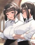  2girls black_eyes black_hair black_skirt blurry blurry_background blush breasts closed_mouth collared_shirt furaggu_(frag_0416) hair_ornament hairclip highres kantai_collection large_breasts long_hair multiple_girls myoukou_(kancolle) nachi_(kancolle) open_mouth pencil_skirt shirt short_hair side_ponytail skirt sleeves_past_elbows smile white_shirt 