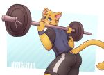 5_fingers anthro blue_eyes bottomwear butt clothed clothing domestic_cat exercise felid feline felis fingers fur fur_tuft head_tuft hi_res male mammal mytigertail pink_nose shirt shorts solo tail takathekitty topwear tuft weightlifting whiskers workout yellow_body yellow_fur 