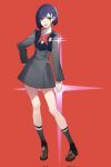  1girl ananke_7 asymmetrical_bangs asymmetrical_hair black_dress black_socks blue_hair brown_footwear buttons darling_in_the_franxx dress full_body green_eyes hair_ornament hairclip hand_on_own_hip highres ichigo_(darling_in_the_franxx) loafers looking_at_viewer open_mouth parted_bangs red_background school_uniform shoes socks standing yellow_eyes 