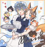  animal_ears blue_eyes brown_hair cover earrings fox_ears fox_tail glasses green_eyes hairband hat holding holding_plate ike_eveland jewelry long_sleeves luca_kaneshiro luxiem maid male_focus multicolored_hair multiple_boys mysta_rias nightcat nijisanji nijisanji_en one_eye_closed open_mouth otoko_no_ko plate short_hair shu_yamino smile tail virtual_youtuber vox_akuma white_headwear 