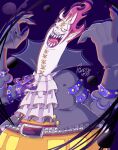  1boy colored_skin demon_boy demon_horns evil_smile fiery_hair gecko_moria head_tilt highres horns houkikatuhisa large_hands long_neck one_piece outstretched_arms purple_hair purple_lips sanpaku scot sharp_teeth short_hair smile solo spiked_hair spread_arms stitches teeth umbrakinesis vampire_costume white_skin 