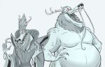  2023 anthro aquatic_dragon bracelet claws clothed clothing dragon dragon_king_(the_monkey_king) eastern_dragon facial_hair fangs fur hand_on_stomach headgear headwear hi_res horn jewelry long_mustache looking_at_viewer male marine maxbe_arts mustache nude obese obese_anthro obese_male open_mouth overweight overweight_anthro overweight_male red_eyes ring robe scales scalie solo teeth the_monkey_king_(netflix) 