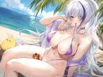  1girl absurdres azur_lane bare_shoulders between_thighs bikini bird blue_sky blurry blurry_foreground bottle breasts chick cloud collarbone copyright_name day grey_hair hair_between_eyes hair_over_one_eye highleg highleg_bikini highres horizon long_hair looking_at_viewer lotion manjuu_(azur_lane) mouth_hold multicolored_hair o-ring o-ring_bikini ocean official_alternate_costume official_art outdoors palm_leaf purple_bikini see-through skindentation sky streaked_hair sunscreen swimsuit unzen_(azur_lane) unzen_(sojourn_through_clear_seas)_(azur_lane) water wet 