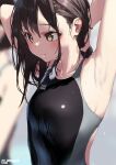  2girls adjusting_hair armpits arms_behind_head black_one-piece_swimsuit blurry blurry_background blush breasts brown_hair closed_mouth collarbone commentary_request competition_swimsuit hair_between_eyes jonsun multiple_girls one-piece_swimsuit original shiori_(jonsun) short_hair small_breasts solo_focus swimsuit twitter_username upper_body wet wet_hair 
