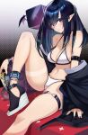  1girl alternate_costume arknights belt bikini black_footwear black_hair black_jacket black_nails breasts choker cleavage closure_(arknights) collarbone commentary earpiece english_commentary foot_out_of_frame highres infection_monitor_(arknights) jacket knee_up long_hair looking_at_viewer medium_breasts nail_polish navel off_shoulder pointy_ears psidubs red_eyes revision shirt shoes sitting skindentation solo swimsuit thick_thighs thigh_strap thighs twintails white_bikini 