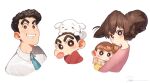  2boys 2girls animal_on_head baby baby_carry black_hair blush bright_pupils brown_hair carrying crayon_shin-chan cropped_torso facial_hair family grin highres looking_at_viewer male_child multiple_boys multiple_girls nohara_himawari nohara_hiroshi nohara_misae nohara_shinnosuke on_head ryota_(ry_o_ta) shiro_(shin-chan) signature simple_background smile thick_eyebrows upper_body white_background white_dog 