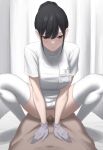  1boy 1girl black_eyes black_hair censored closed_mouth clothed_female_nude_male commentary_request girl_on_top gloves highres kaminari_doon mosaic_censoring nude nurse original penis purple_gloves short_hair solo_focus squatting_cowgirl_position thighhighs vaginal white_thighhighs 