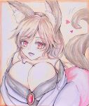  1girl animal_ears biyorina_na_kitsune breasts brooch brown_hair cleavage dress fangs heart highres imaizumi_kagerou jewelry large_breasts looking_at_viewer off-shoulder_dress off_shoulder open_mouth red_eyes simple_background solo tail touhou traditional_media werewolf wolf_ears wolf_tail 