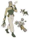  23011620x 3boys boston_terrier bracer broken_heart cigarette dark-skinned_male dark_skin dog earrings flattop flower full_body highres holding holding_cigarette iggy_(jojo) jean_pierre_polnareff jewelry jojo_no_kimyou_na_bouken male_focus mohammed_avdol multiple_boys simple_background tall_hair terrier_(dog) white_background white_flower white_hair wristband 