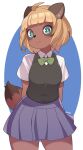  absurd_res anthro arumo blonde_hair blue_bottomwear blue_clothing blue_eyes blue_skirt bottomwear canid canine clothing female green_bow hair hi_res looking_at_viewer mammal raccoon_dog shirt short_hair skirt solo tanuki topwear white_clothing white_shirt white_topwear 