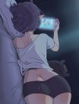  1girl ass back bare_shoulders bed_sheet butt_crack highres hololive hololive_english lying moral_cacoethes ninomae_ina&#039;nis ninomae_ina&#039;nis_(5th_costume) nintendo_switch official_alternate_costume official_alternate_hair_length official_alternate_hairstyle on_bed on_side pillow playing playing_games pointy_ears purple_hair short_hair shorts shoulder_blades solo takodachi_(ninomae_ina&#039;nis) thighs virtual_youtuber 