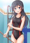  1girl alternate_costume anti_(untea9) asashio_(kancolle) black_hair black_one-piece_swimsuit blue_eyes breasts broom competition_swimsuit cowboy_shot day highres holding holding_broom kantai_collection long_hair looking_at_viewer one-piece_swimsuit open_mouth outdoors pool pool_ladder red_one-piece_swimsuit small_breasts solo sun swimsuit 