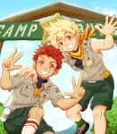  2boys ascot bacchikoi! badge blonde_hair blue_sky bottle breast_pocket brown_footwear button_badge camp_buddy cloud collared_shirt crossover feet_out_of_frame green_shorts green_socks grey_shirt guinneson_cb highres kanada_toshu looking_at_viewer male_focus medal messy_hair multiple_boys orange_ascot outdoors pocket red_hair shirt short_hair short_sleeves shorts sky sleeveless sleeveless_shirt smile socks teeth three-finger_salute tree water_bottle waving yanai_ichiru 