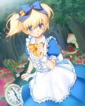  1girl alice_(alice_in_wonderland) alice_(alice_in_wonderland)_(cosplay) apron blonde_hair blue_bow blue_dress blush bow chestnut_mouth clock cosplay day dress forest frilled_apron frills hair_bow highres looking_at_viewer mushroom nature official_art outdoors peropero_saimin puffy_short_sleeves puffy_sleeves rose_bush short_sleeves short_twintails solo standing twintails umeboshi_jin wrist_cuffs yellow_bow 