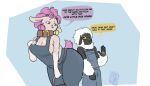  anthro bent_over black_body bovid breasts caprine cleavage clothed clothing coveralls dialogue domestic_sheep duo female fur hair horn inviting larger_female male male/female mammal n0b0dy overalls overalls_only pink_hair seductive sheep size_difference smaller_male speech_bubble white_body white_fur white_hair wool_(fur) 