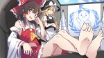  2girls :3 armpits barefoot black_headwear black_jacket blonde_hair bow braid brown_eyes brown_hair crossed_arms detached_sleeves e.o. feet hair_bow hakurei_reimu highres jacket kirisame_marisa large_bow logo_parody looking_at_viewer multiple_girls nontraditional_miko red_bow red_shirt red_skirt shirt single_braid skirt soles stomach toes touhou united_nations united_nations_flag white_bow white_shirt white_skirt white_sleeves yellow_eyes 