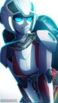  1girl arcee armor blue_eyes breasts colored_skin grey_skin helmet highres humanoid_robot kunakaizq looking_at_viewer medium_breasts robot shoulder_armor transformers transformers:_rise_of_the_beasts transformers_(live_action) white_background 