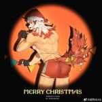  1boy animal_ears arknights ass bara blush christmas christmas_tree dog_boy dog_ears feet_out_of_frame furry furry_male hat highres horns hung_(arknights) leaning_forward male_focus medium_hair multicolored_hair muscular muscular_male orange_eyes orange_hair santa_hat short_shorts shorts shy single_horn solo spotlight streaked_hair tail_raised thick_eyebrows two-tone_fur white_fur white_hair xian_goutou_hz 