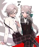  1boy 1girl ;p amamiya_ren amamiya_ren_(cosplay) animal_ear_fluff animal_ears antenna_hair aqua_bow aqua_hair arm_support black-framed_eyewear black_bow black_bowtie black_jacket black_pants black_pantyhose black_skirt bow bowtie braid breast_pocket brother_and_sister buttons cat_ears cat_girl cat_tail closed_mouth commentary_request cosplay crossed_legs crossover emblem envelope expressionless eyelashes eyes_visible_through_hair facial_mark genshin_impact glasses grey_background grey_hair hair_over_one_eye hand_up holding holding_envelope huge_bow jacket logo long_hair long_sleeves looking_at_viewer low_ponytail lynette_(genshin_impact) lyney_(genshin_impact) multicolored_hair one_eye_closed pants pantyhose parted_bangs persona persona_5 plaid plaid_pants plaid_skirt pleated_skirt pocket ponytail purple_eyes red_hair satorigame school_uniform shirt shirt_tucked_in short_hair shuujin_academy_school_uniform siblings signature simple_background sitting skirt smile star_(symbol) star_facial_mark strap_slip suspenders swept_bangs tail teardrop_facial_mark tongue tongue_out turtleneck very_long_hair white_background white_shirt 